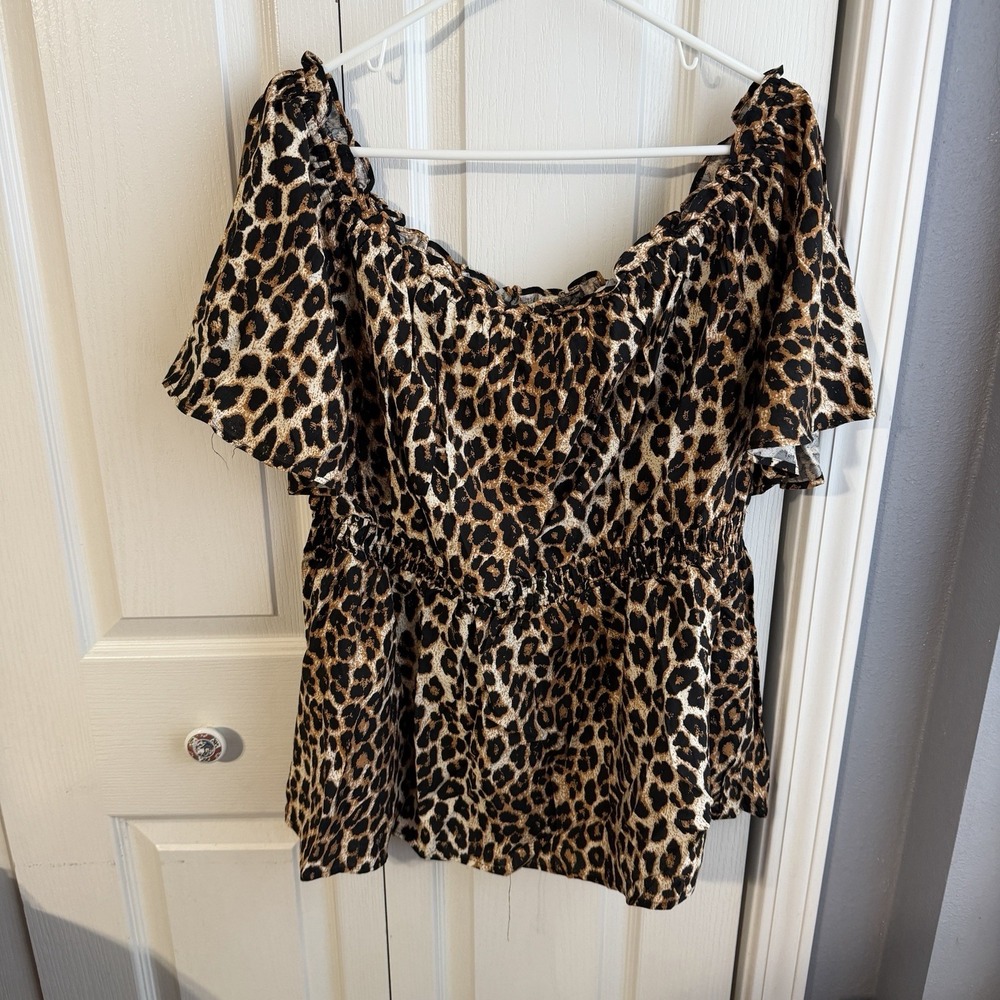 Bebonnie Leopard Print Off Shoulder Blouse Women's Size XXL Office Preppy Boho